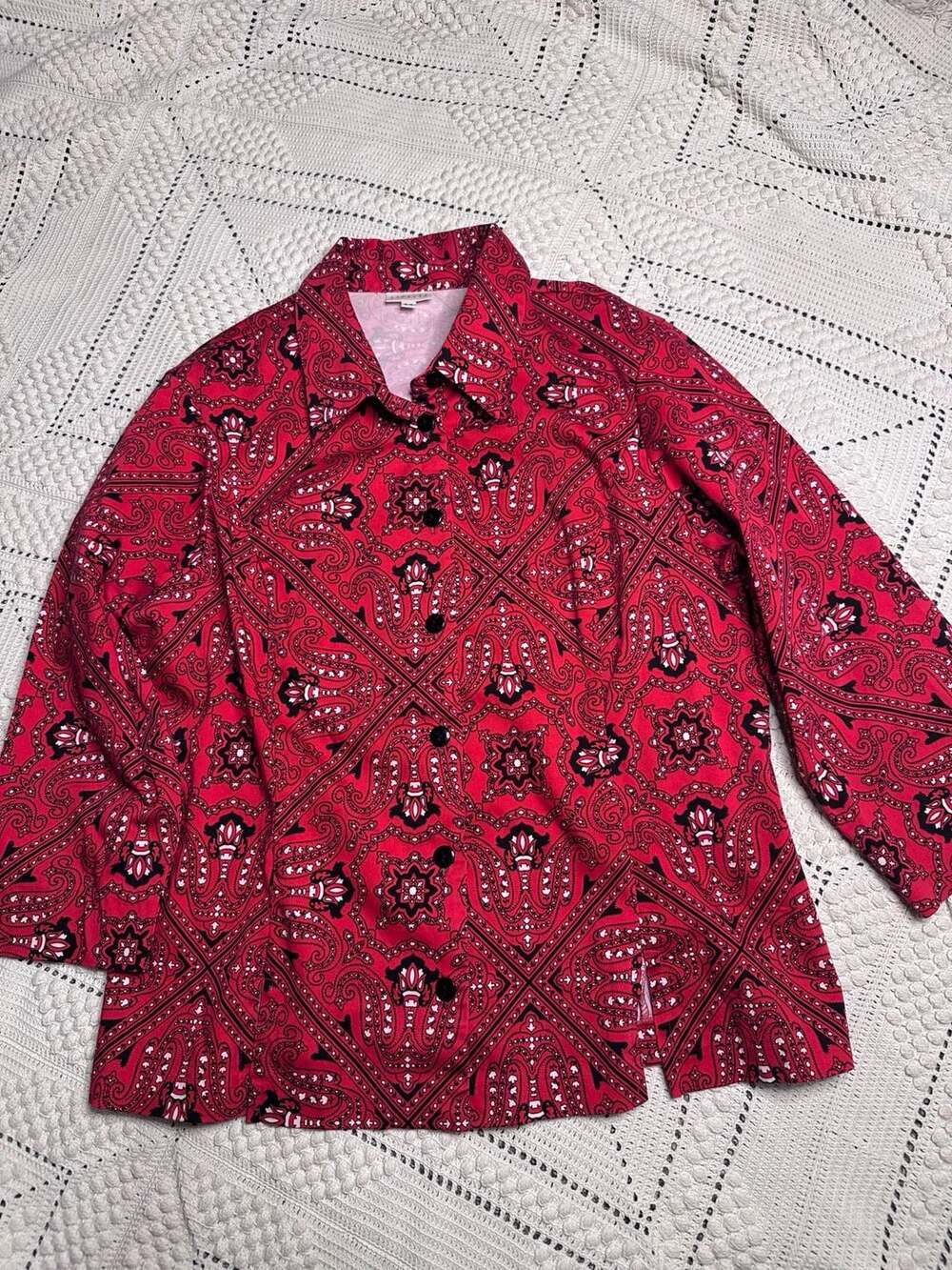 Vtg Staples Red and Black Paisley Bandana Print Button-Up Long Sleeve Shirt Size